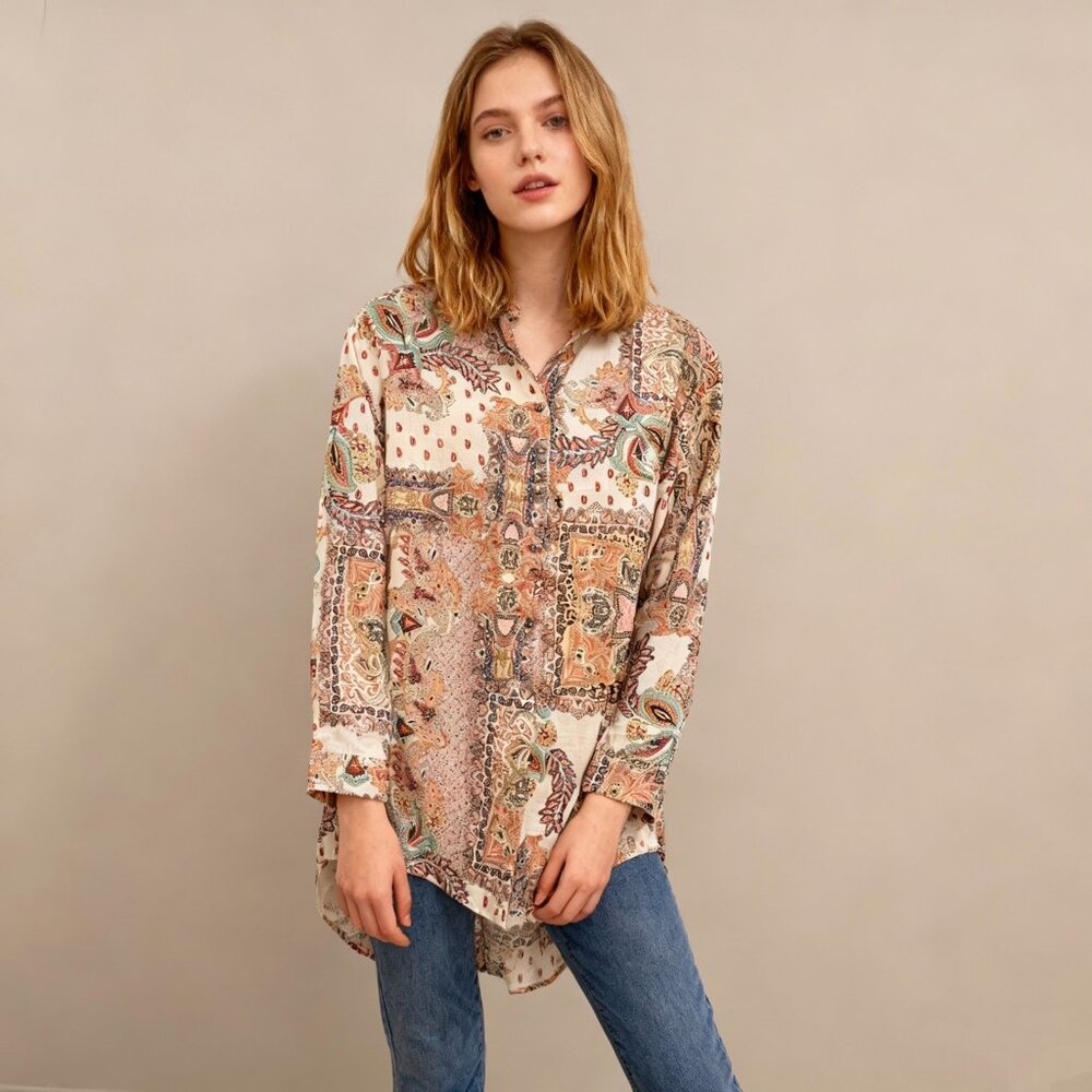 NWOT Johnny Was cotton Multicolor Floral Tunic Top Button-Down Shirt Blouse Sz M